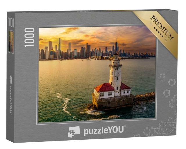 Puzzle 1000 Teile „Chicago Hafen und Leuchtturm bei Sonnenuntergang“
