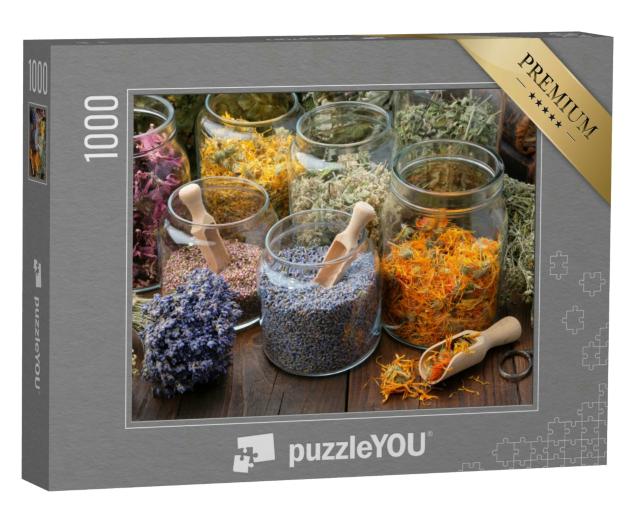 Puzzle 1000 Teile „Glasgefäße mit getrockneten Lavendel- und Ringelblumenblüten“
