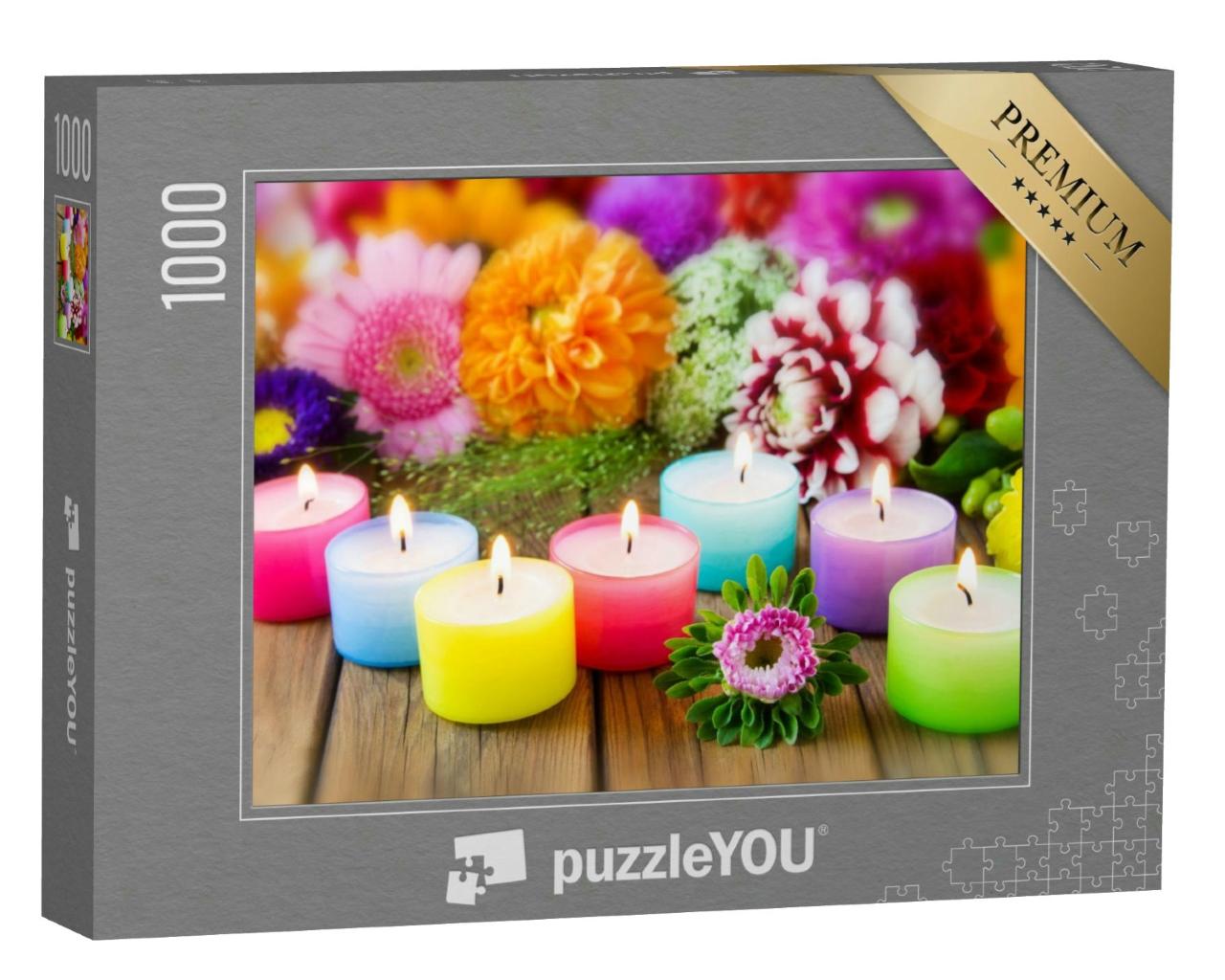 Puzzle 1000 Teile „Sieben bunte Kerzen und ein Blumenstrauß“