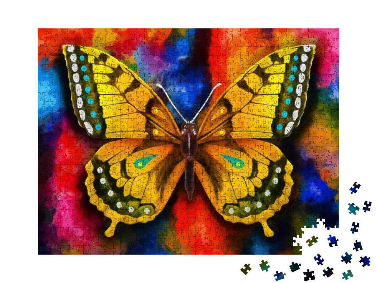 Puzzle 1000 Teile „Ölgemälde: Bunter Schmetterling auf buntem Hintergrund“