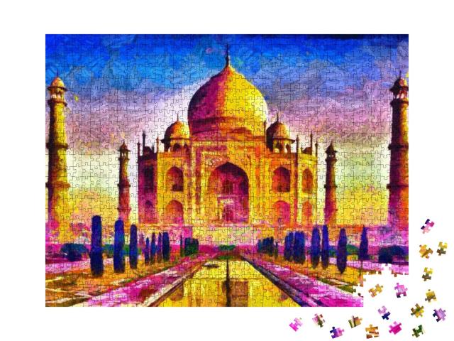 Puzzle 1000 Teile „Taj Mahal, bunte Architektur, Ölgemälde“