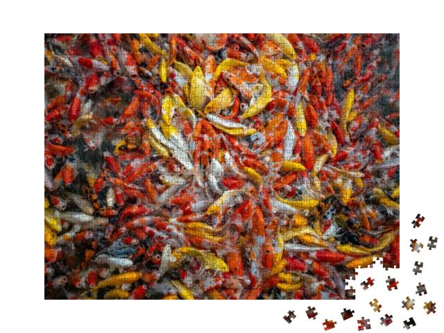 Puzzle 1000 Teile „Schwarm Koi-Fische nahe der Wasseroberfläche“