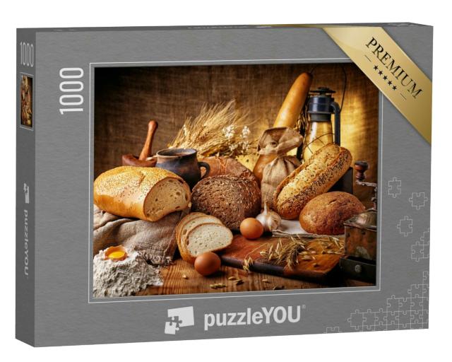 Puzzle 1000 Teile „Landstillleben mit Brot, Eiern und Kaffeemühle“