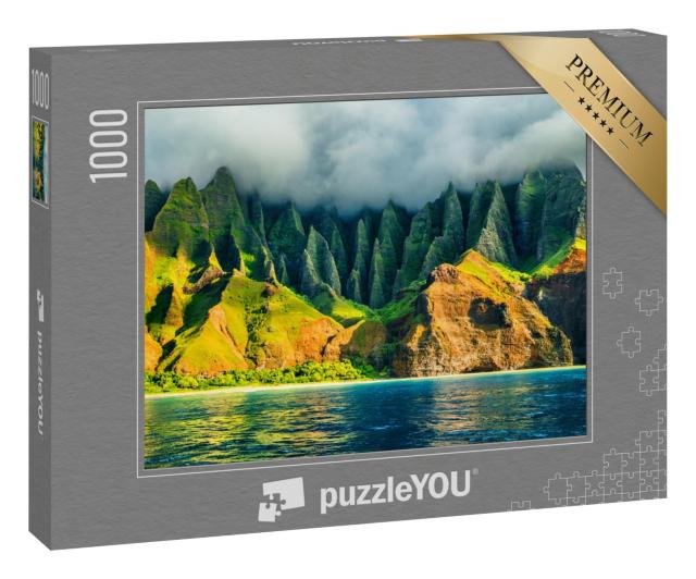 Puzzle 1000 Teile „Küstenlinie von Hawaii bei Sonnenuntergang, Blick vom Meer, Na Pali, USA“