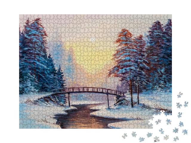 Puzzle 1000 Teile „Winterlandschaft mit Fluss, Original-Ölgemälde“