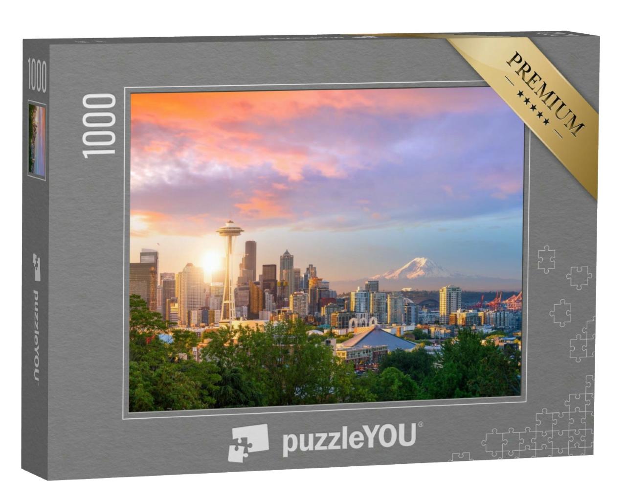 Puzzle 1000 Teile „Skyline von Seattle im Sonnenuntergang“