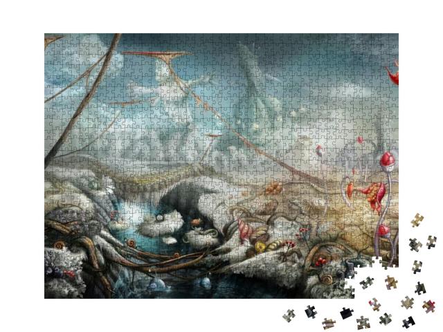 Puzzle 1000 Teile „Fantasievolle Landschaft mit See und Blumen“
