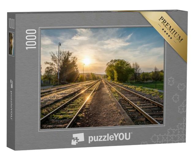 Puzzle 1000 Teile „Frühlings-Sonnenuntergang auf Bahngleisen, Tschechische Republik, Europa“