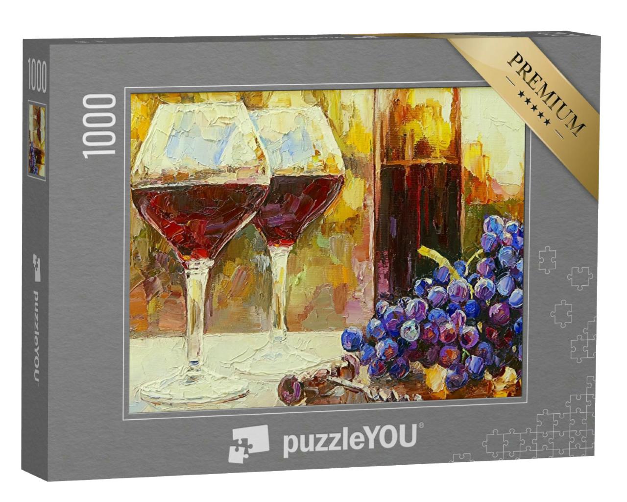 Puzzle 1000 Teile „Stillleben mit einer Flasche Rotwein und Trauben im Sonnenuntergang“
