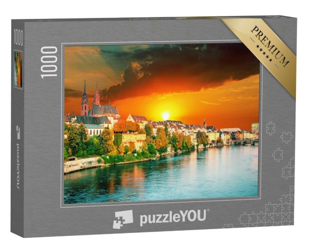 Puzzle 1000 Teile „Sonnenuntergang über der Altstadt von Basel am Rhein, Schweiz“