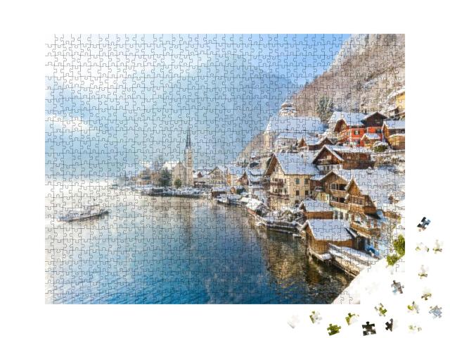 Puzzle 1000 Teile „Hallstatt in den winterlichen Alpen, Salzkammergut, Österreich“