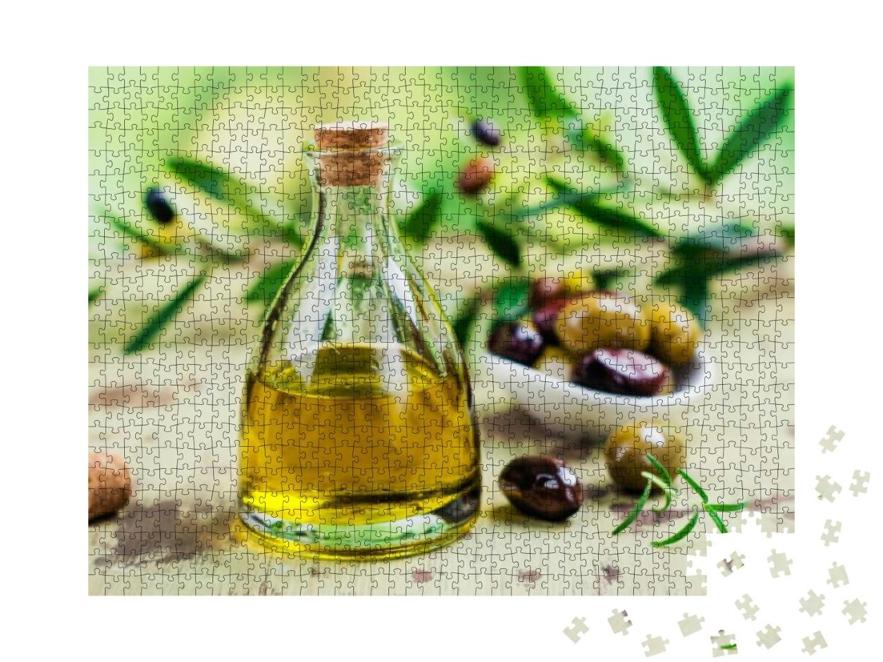Puzzle 1000 Teile „Olivenöl in einer Glasflasche“