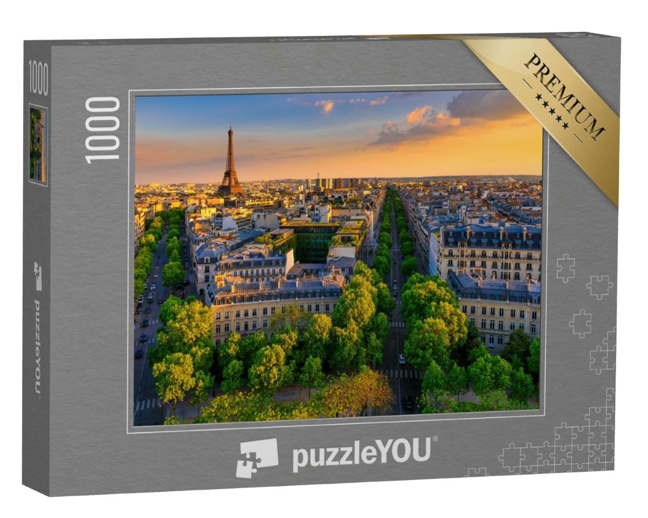 Puzzle 1000 Teile „Skyline von Paris mit Eiffelturm bei Sonnenuntergang, Frankreich“