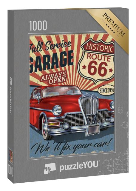 Puzzle 1000 Teile „Vintage Route 66 Schild mit rotem Oldtimer“