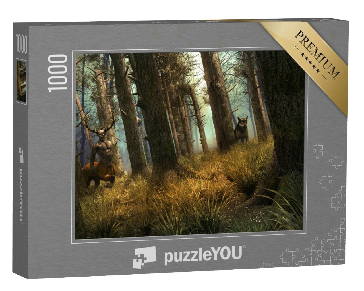 Puzzle 1000 Teile „Wolf und mystischer Zentaur in einem alten Wald“