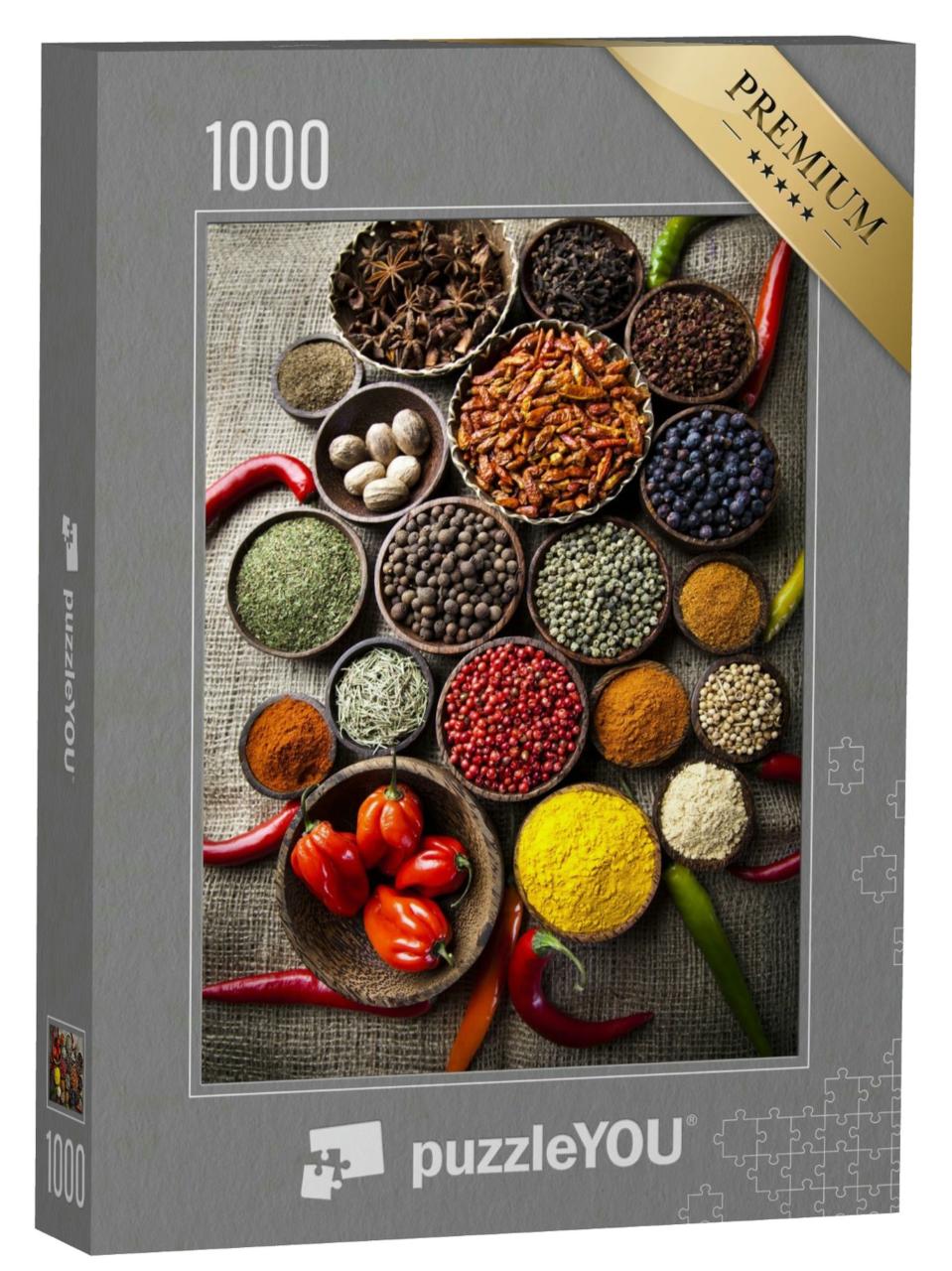 Puzzle 1000 Teile „Stillleben aromatische Gewürze in Holzschalen“