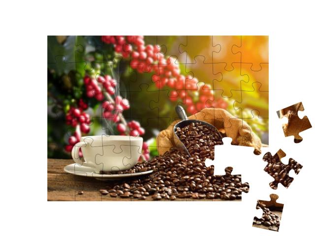 Puzzle 48 Teile „Dampfende Tasse Kaffee mit Kaffeebohnen “