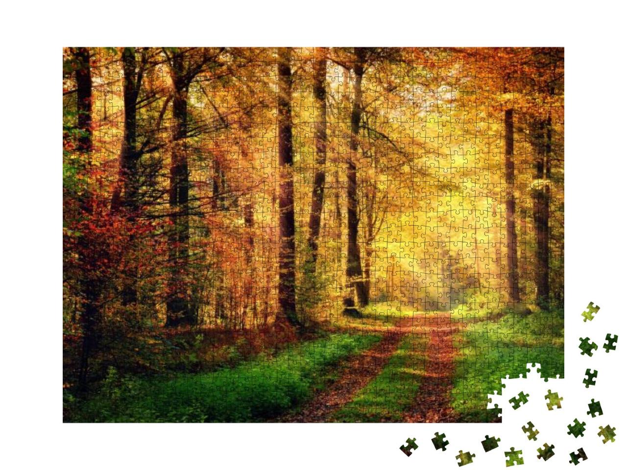 Puzzle 1000 Teile „Herbstliche Waldlandschaft mit warmen Lichtstrahlen “