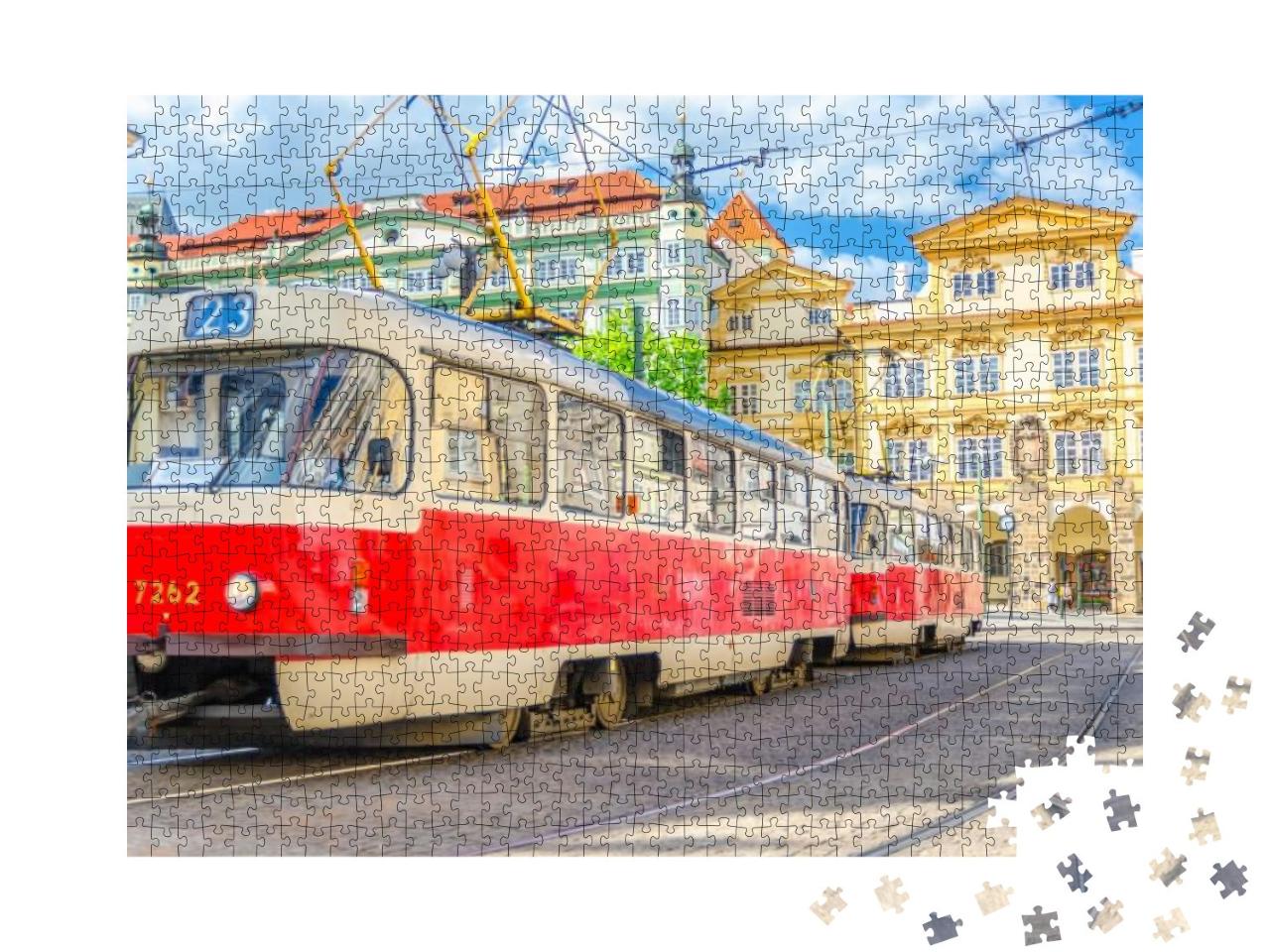 Puzzle 1000 Teile „Retro-Straßenbahn auf Schienen in den Straßen von Prag“