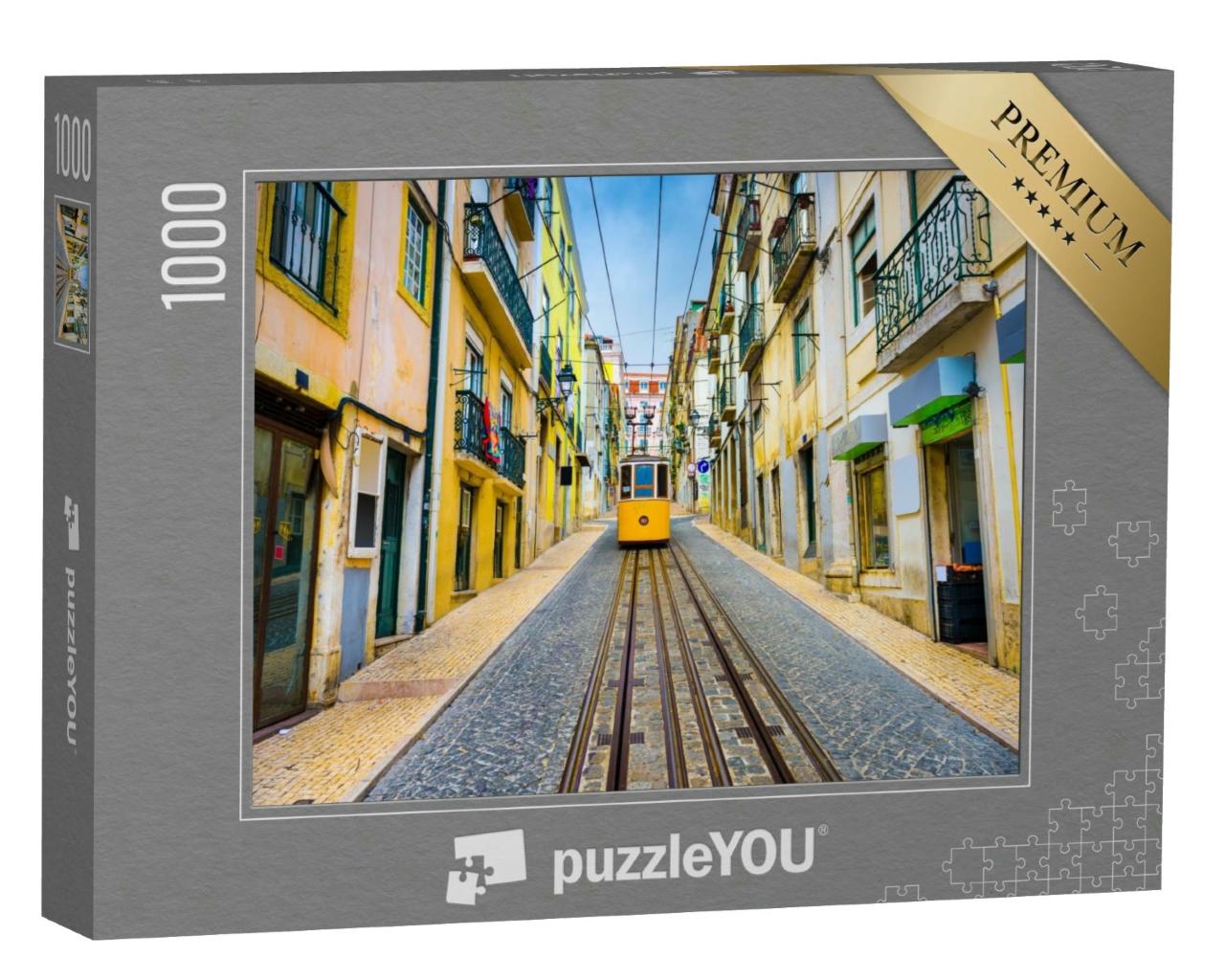 Puzzle 1000 Teile „Gelbe Straßenbahn in den Altstadtstraßen von Lissabon“