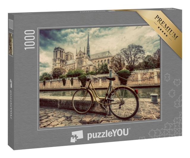 Puzzle 1000 Teile „Retro-Fahrrad neben der Kathedrale Notre Dame in Paris, Frankreich“