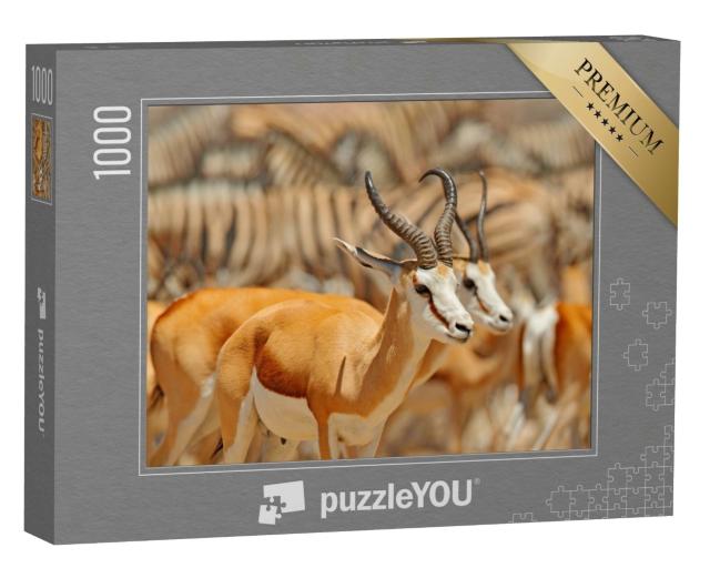 Puzzle 1000 Teile „Eine Gruppe von Tieren an einem Wasserloch, Namibia“