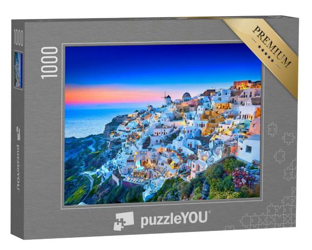 Puzzle 1000 Teile „Kirche von Santorin mit romantischem Sonnenuntergang, Griechenland“