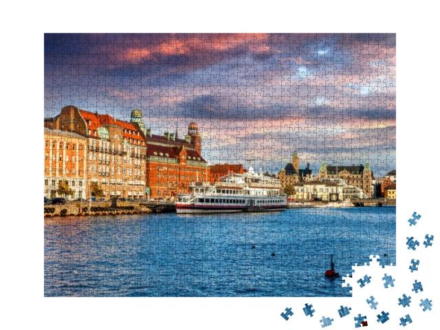 Puzzle 1000 Teile „Schöne Stadtlandschaft bei Sonnenuntergang, Malmö, Schweden“
