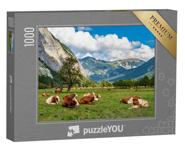 Puzzle 1000 Teile „Kuhweide und Ahornbäume am Ahornboden, Karwendelgebirge, Tirol“