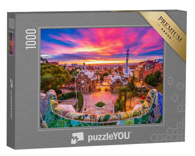 Puzzle 1000 Teile „Sonnenaufgang über dem Park Güell, UNESCO-Weltkulturerbe, Barcelona, Spanien“