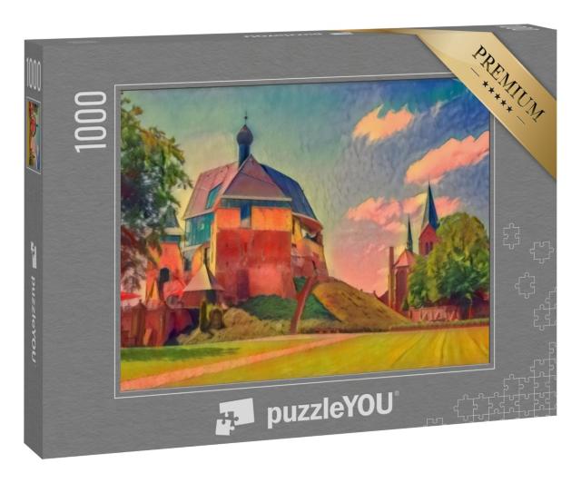 Puzzle 1000 Teile „im Kunst-Stil von Franz Marc - Schloss und Kirche in Keverburg an der Maas, Niederlande“