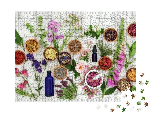 Puzzle 1000 Teile „Auswahl an Kräutern und Blumen in Holzschalen“
