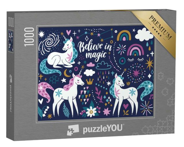 Puzzle 1000 Teile „Einhörner, Regenbogen, Wolken, Blumen, Sterne und Funken“