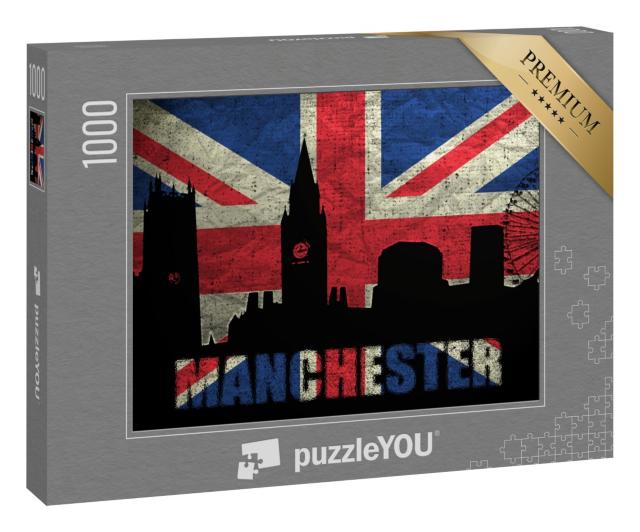 Puzzle 1000 Teile „Skyline von Manchester auf britischer Grunge-Flagge“