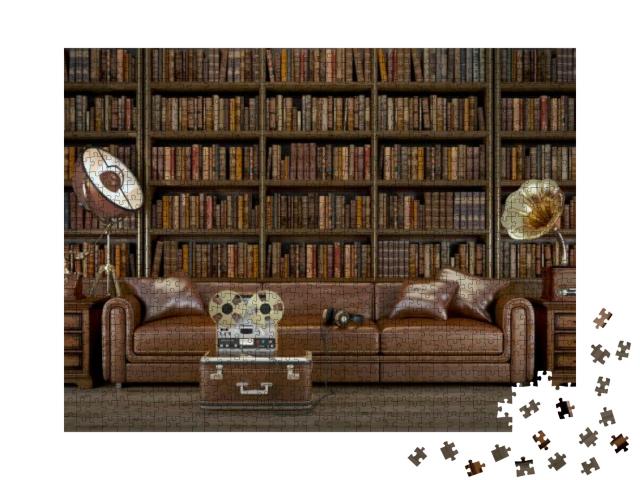 Puzzle 1000 Teile „Stilvolles Vintage-Wohnzimmer mit Bibliothek“