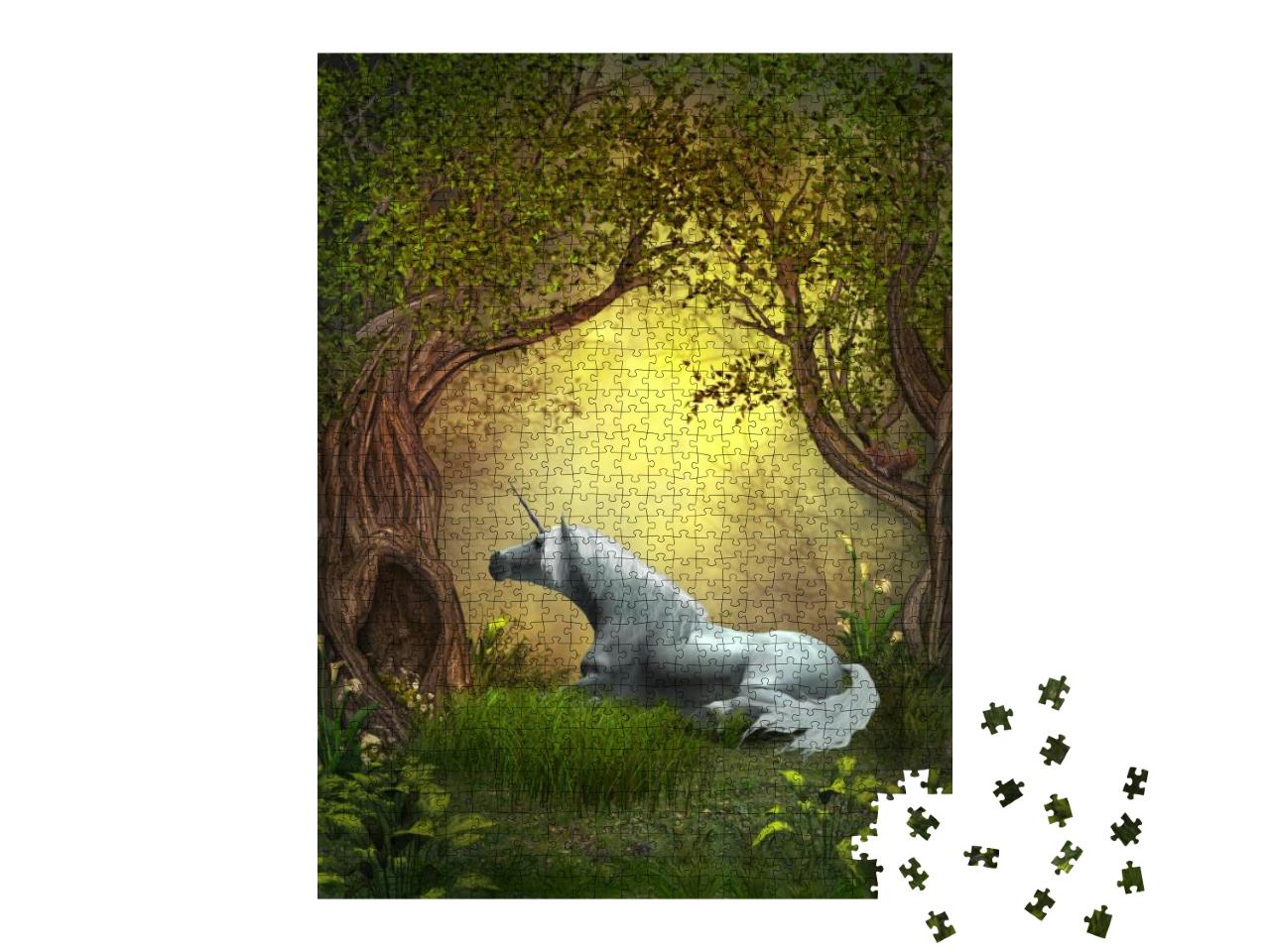 Puzzle 1000 Teile „Eichhörnchen beobachtet ein weißes Einhorn“