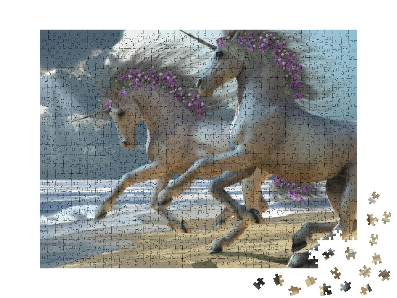 Puzzle 1000 Teile „Zwei wunderschöne weiße Einhörner tummeln sich am Strand“