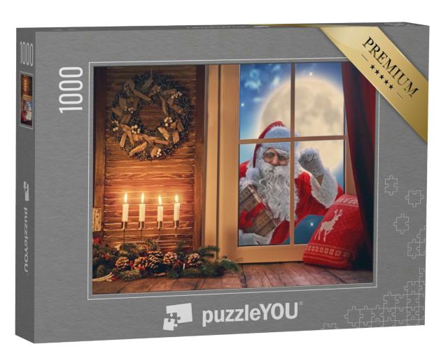 Puzzle 1000 Teile „Frohe Weihnachten: Weihnachtsmann klopft ans Fenster“