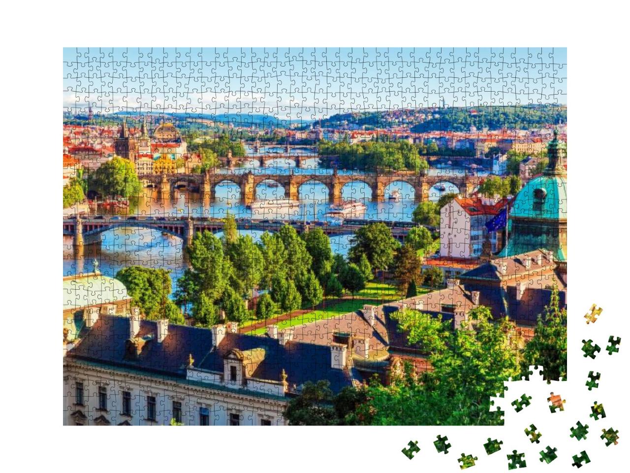 Puzzle 1000 Teile „Sonnenuntergang in Prag: Altstadt mit Karlsbrücke und Moldau“