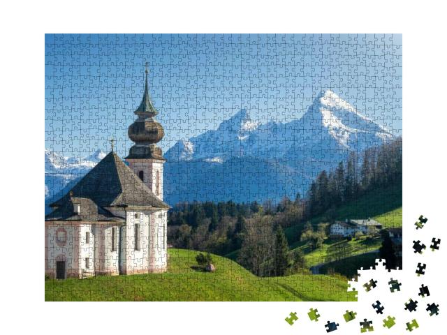 Puzzle 1000 Teile „Schneebedeckter Watzmann-Gipfel und Maria Gern, Berchtesgadener Land“