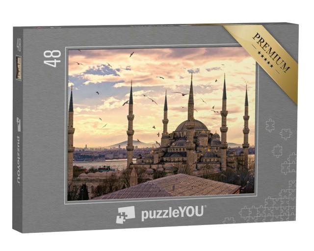 Puzzle 48 Teile „Sonnenuntergang über der Blauen Moschee, (Sultanahmet Camii), Istanbul, Türkei“