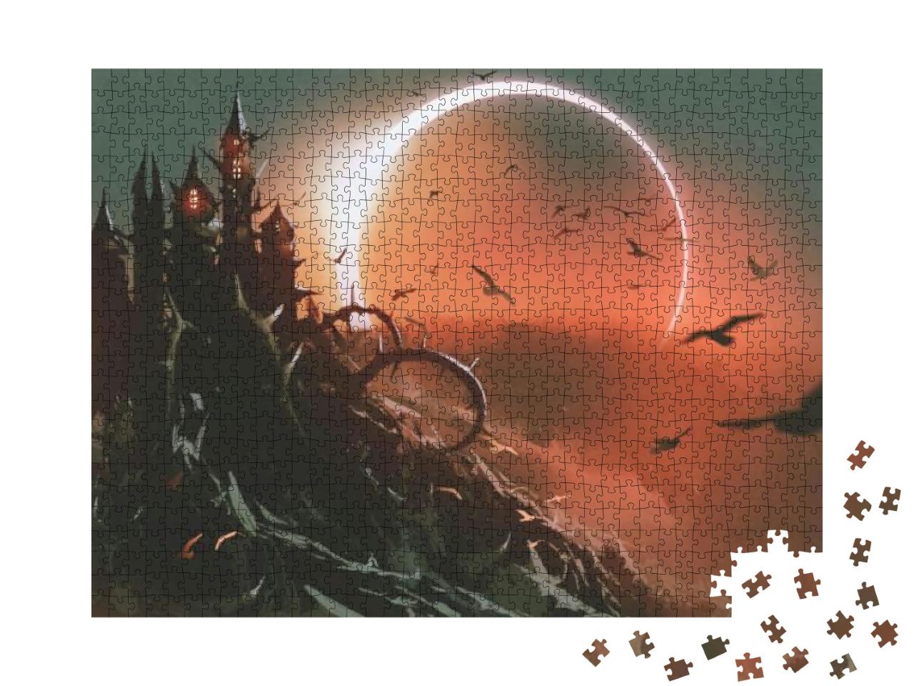 Puzzle 1000 Teile „Szenerie einer Dornenburg mit Sonnenfinsternis und dunkelrotem Himmel“