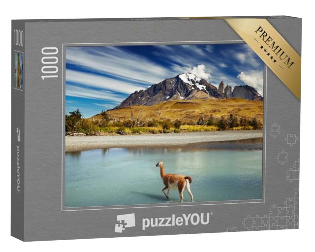 Puzzle 1000 Teile „Guanako beim Überqueren des Flusses im Torres del Paine, Patagonien, Chile“