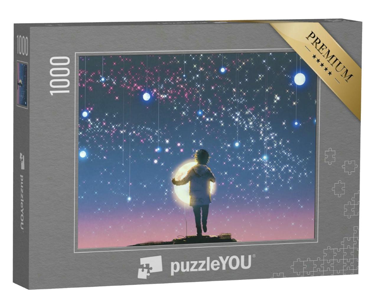 Puzzle 1000 Teile „Junge hält glühenden Mond, hängende Sterne, Himmel“