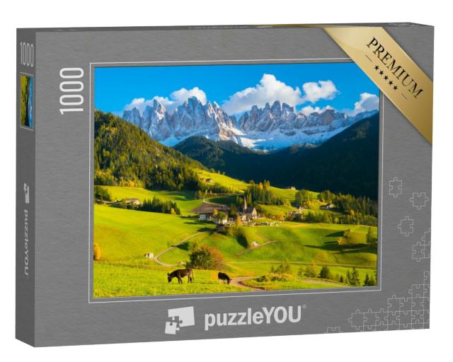 Puzzle 1000 Teile „Santa Maddalena; schöner Sonnenuntergang im Trentino, Italien“