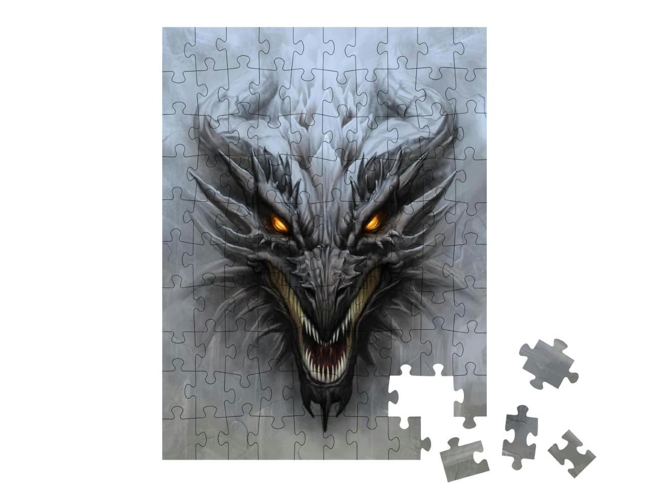 Puzzle 100 Teile „Drachenkopf auf dem grauen Stein“