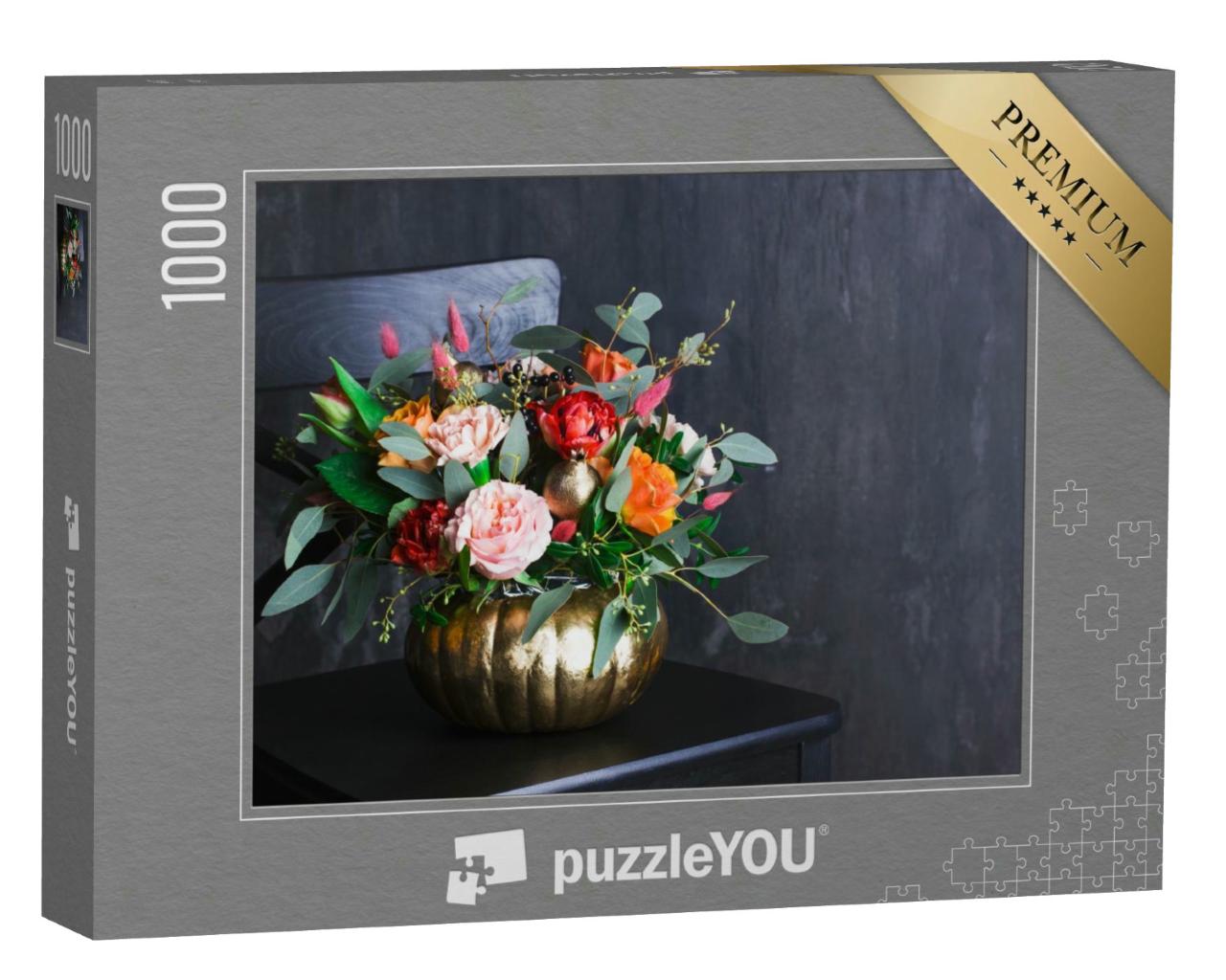 Puzzle 1000 Teile „Herbstblumenstrauß in farbiger Kürbis-Vase“