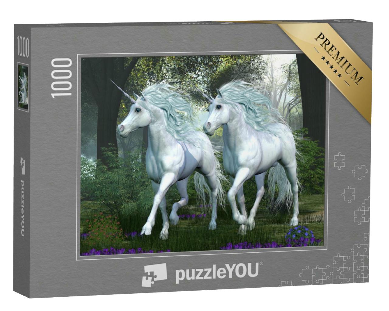 Puzzle 1000 Teile „Zwei weiße Einhörner im Ulmenwald voller Frühlingsblumen“