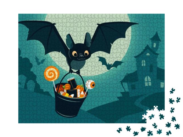 Puzzle 1000 Teile „Vektor-Illustration: Niedliche Fledermaus mit Süßigkeiten“