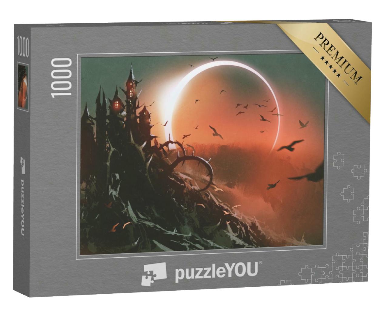 Puzzle 1000 Teile „Szenerie einer Dornenburg mit Sonnenfinsternis und dunkelrotem Himmel“